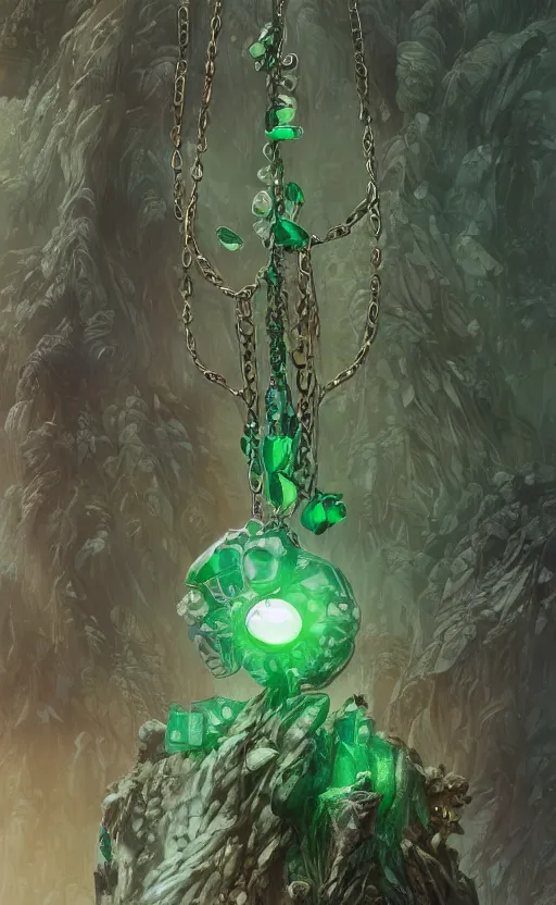 Prompt: a close view of a necklace with a small green crystal pulsing light, wooden forest, cloth accessories, front game card, drark, marvel comics, dark, intricate, highly detailed, smooth, artstation, digital illustration by ruan jia and mandy jurgens and artgerm and wayne barlowe and greg rutkowski and zdislav beksinski