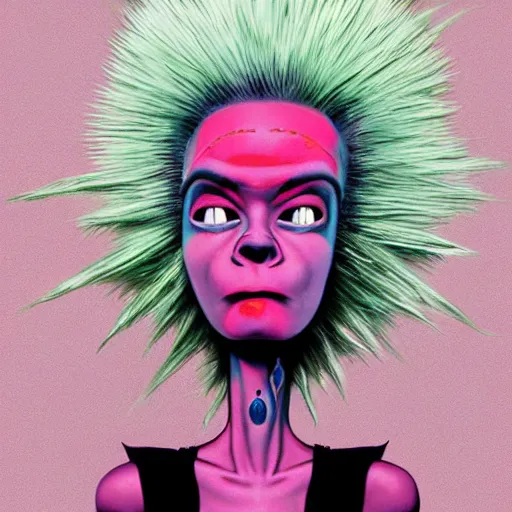 Image similar to a pink punk rock rapper alien with black spiked hair, an airbrush painting by Jamie Hewlett, cgsociety, symbolism, antichrist, aesthetic, 8k