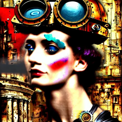 Image similar to steam punk roman pasquino, contemporary collage, highly detailed, digital painting, 4 k, hdr, punk, fashion, smooth, sharp focus, art by nick knight, sandra chevrier and john hoyland