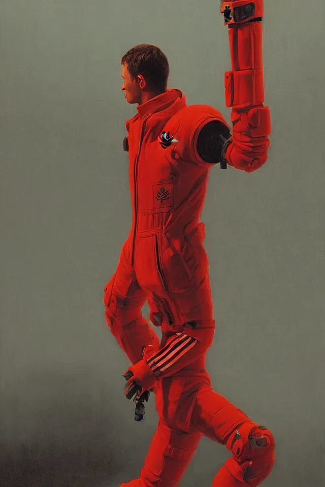 Prompt: CHAPPIE In A Red Adidas Track Suit, full figure, stormy weather, extremely detailed masterpiece, low-key neon lighting, artstation, 2001: A Space Odyssey, Roger Deakin’s cinematography, by J. C. Leyendecker and Peter Paul Rubens and Edward Hopper and Michael Sowa