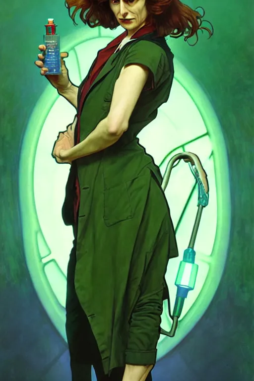 Image similar to doctor who, woman, as a mad dentist, on a plain green background, art by artgerm and greg rutkowski and alphonse mucha