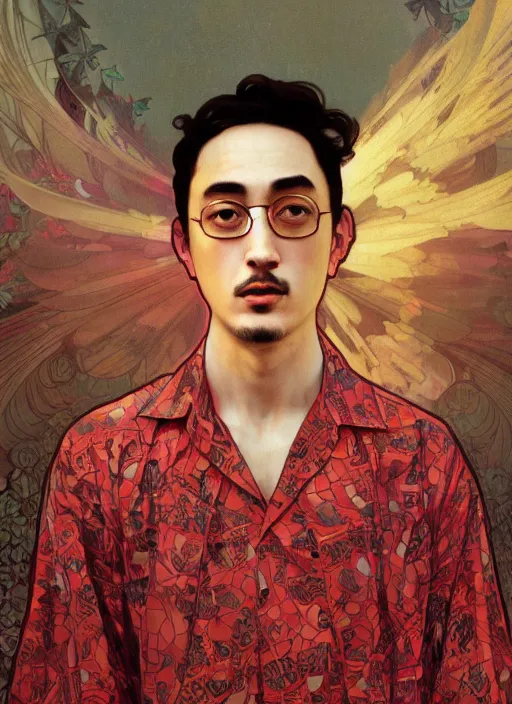 Image similar to Filthy Frank wearing red luxuruous hawaiian vintage shirt, rule of thirds, accurately portrayed, portrait art by alphonse mucha and greg rutkowski, highly detailed, digital painting, concept art, illustration, ethereal lighting with twilight rays of sunlight, trending on artstation, very detailed, smooth, sharp focus, octane render, close up