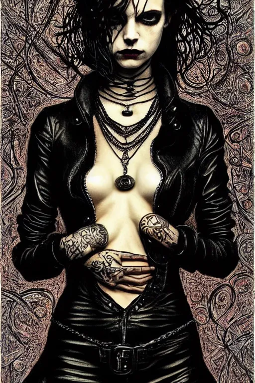 Image similar to dreamy gothic girl, black leather slim clothes, chain on her neck, beautiful body, detailed acrylic, grunge, intricate complexity, by dan mumford and by alberto giacometti, peter lindbergh