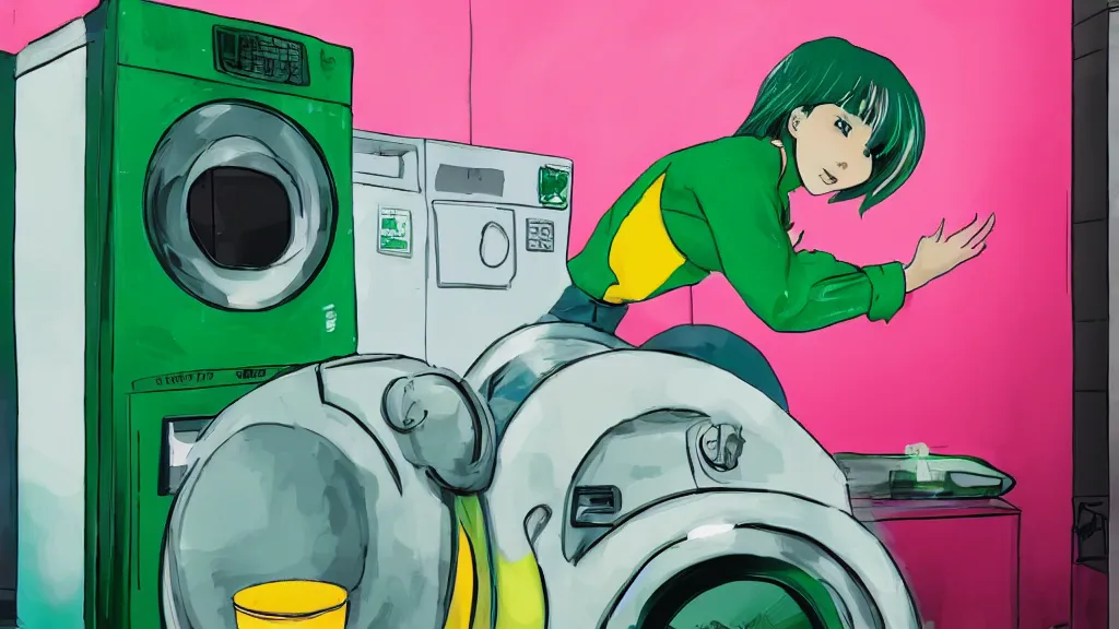 Image similar to a girl with green hair sitting on top of a washing machine in a laundromat in the style of Tsuguharu Fujita, pink yellow red and green