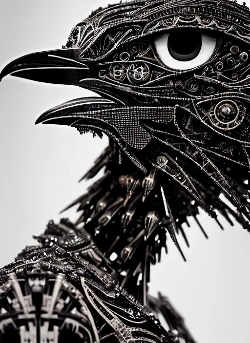 Image similar to a stunning young female crow mixed cyborg profile face, face is made intricate tribal bio - mechanical, editorial photography, bw, shot on 7 0 mm, depth of field, f / 2. 8, high contrast, 1 6 k, volumetric lighting, shiny, insanely detailed and intricate, hypermaximalist, elegant, ornate, hyper realistic, super detailed