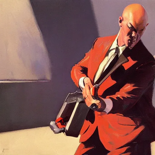 Prompt: agent 4 7 from hitman using a guitar as a weapon, by gregory manchess, james gurney, james jean