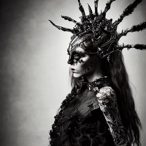 Image similar to a portrait of female model by stefan geselle, nekro borja and peter kemp, dark fantasy, ornate headpiece, dark beauty, photorealistic, canon r 3, photography