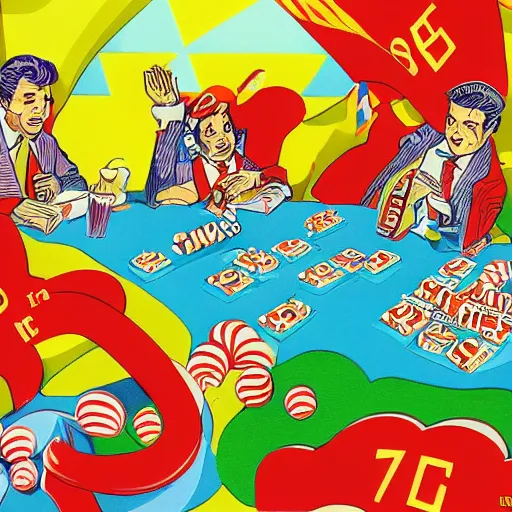 Prompt: a communist revolution in Candy Land, 1960s illustration, high quality