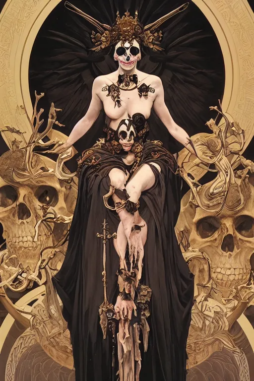 Image similar to a painting of a beautiful death goddess sitting on a throne made of flesh and bone, adorned with skulls, full face, full body, by artgerm and Alphonse Mucha, Greg rutkowski, Alex Ross, Lucio parrillo, highly detailed, octane, trending on artstation