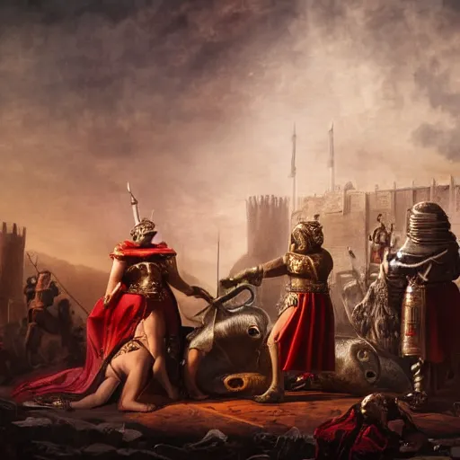 Image similar to julius caesar, wearing medieval knight armours, and queen victoria, wearing an ottoman crown, arm wrestling on the depths of hell, with satan watching over them riding a vulture. cyberpunk style architectures in the background, dawn, cloudy red sky. photograph, hyper realistic,