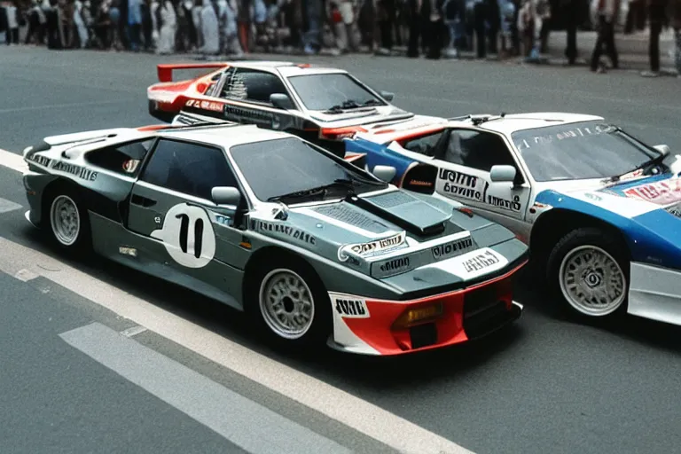 Image similar to single racecar 1 9 8 8 lancia 0 3 7, audi quattro, bmw m 1, 9 1 1, movie still, vintage footage on tokyo streets, volumetric lighting, f 8 aperture, cinematic eastman 5 3 8 4 film