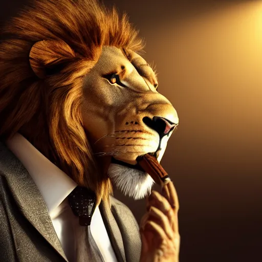 Image similar to a lion smoking a cigar wearing a suit, subject= lion, subject detail: wearing a suit, subject action: smoking a cigar, dramatic lighting, cinematic lighting, establishing shot, photorealistic, high details, cinematic, 8k resolution, extremly detailed, photorealistic, artstation, unreal engine