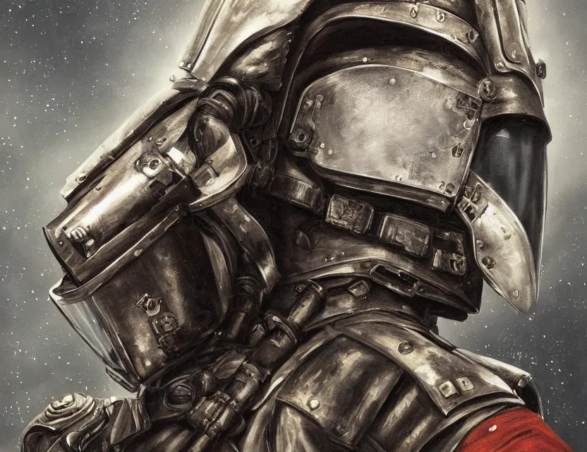 Image similar to a detailed portrait painting of a lone bounty hunter wearing cloth a flight suit and a reflective visor. Head and chest only. Dieselpunk elements. Movie scene, cinematic sci-fi scene. Flight suit, cloth and metal, accurate anatomy. Samurai influence, knight influence. fencing armour. portrait symmetrical and science fiction theme with lightning, aurora lighting. clouds and stars. Atmospheric. Futurism by moebius beksinski carl spitzweg moebius and tuomas korpi. baroque elements. baroque element. intricate artwork by caravaggio. Oil painting. Trending on artstation. 8k