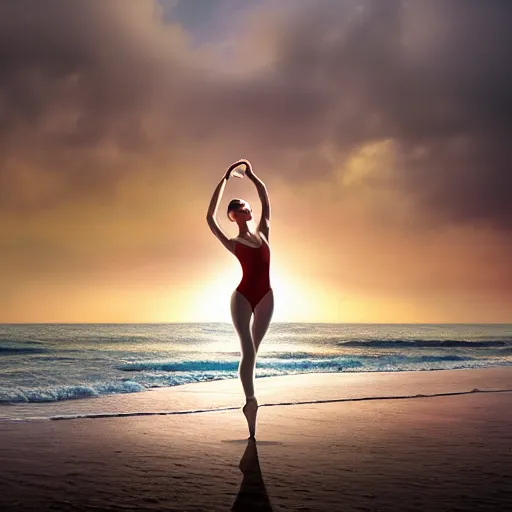 Prompt: a beautiful ballet dancer on a beach at sunrise, volumetric lighting, breathtaking, beautiful composition, intricate, elegant, digital art, detailed, oil painting, hyperrealistic, sharp focus, 8k