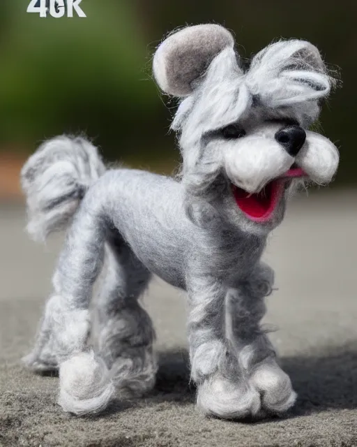 Image similar to a gray schnauzer dog as a muppet. highly detailed felt. hyper real photo. 4 k.