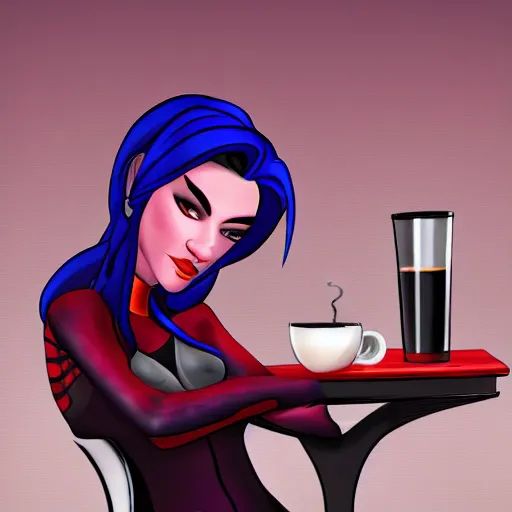 Prompt: Widowmaker drinking a coffee sitting at a bar, hd, digital art