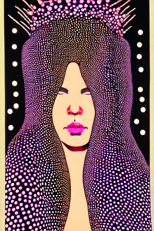 Prompt: ethereal, numinous goddess of infinity draped in magic, wearing a glowing crown made of polkadots, offering the viewer a pill, closed eyes, highly detailed portrait, minimal, warm colors, pink, art deco, art nouveau, yayoi kusama, decorative border