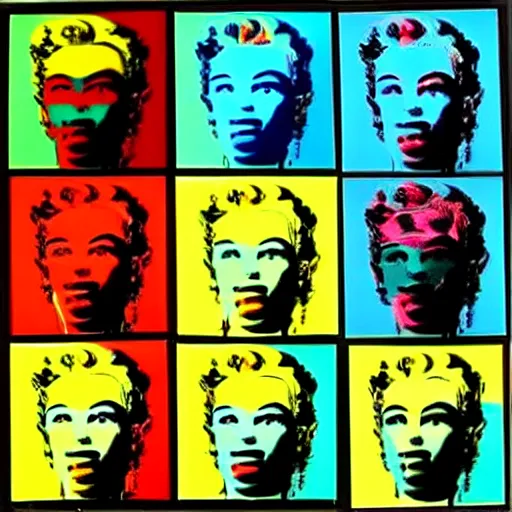 Image similar to old robot, 6 panels by andy warhol, with highly contrasted colors and an illuminating background