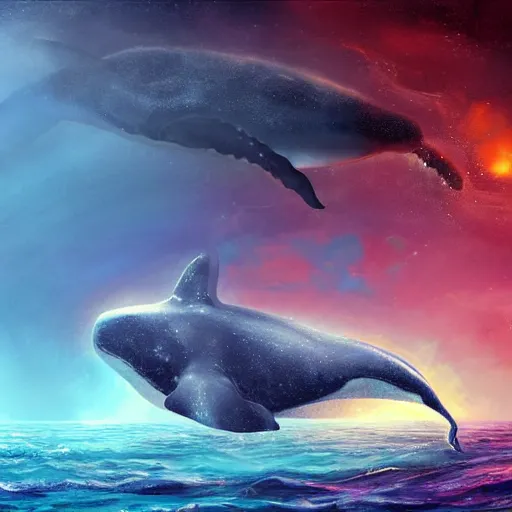 Prompt: a city under the ocean on an alien world, and a whale who feels disconnected from it wistfully watching a spaceship fly away, sci-fi digital art,