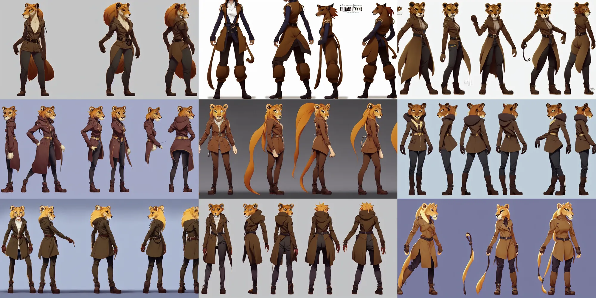 Prompt: beautiful full body character reference sheet with front, back and side profiles of a strong female anthropomorphic lioness fursona wearing a fantasy trenchcoat with belts, zippers and pouches. character design by disney, anime, manga, charlie bowater, ross tran, artgerm, and makoto shinkai, detailed, soft lighting, rendered in octane