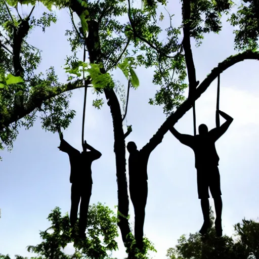 people hanging from trees