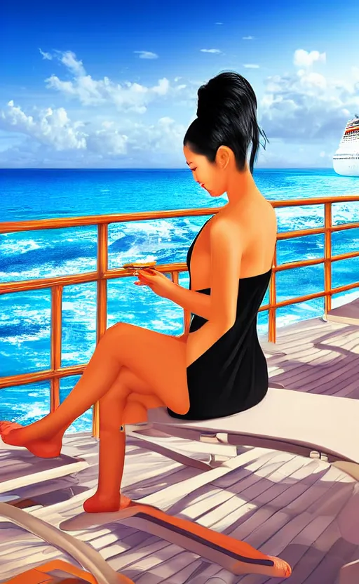 Image similar to asian woman with black ponytail sitting on a beach chair on a a cruise ship overlooking the bahamas, digital art high detail