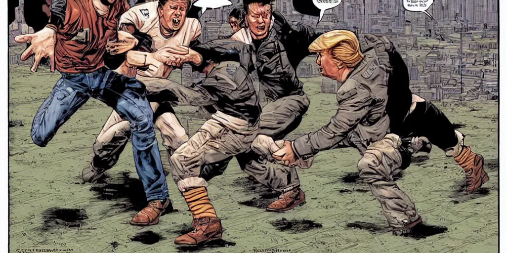 Image similar to Reagan teaching Trump how to block kicks. Epic painting by James Gurney and (Laurie Greasley).