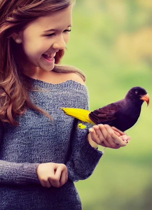 Prompt: a beautiful detailed portrait photo of a girl excited while holding hands with a bird with a, realistic, f 8, 4 k hd wallpaper