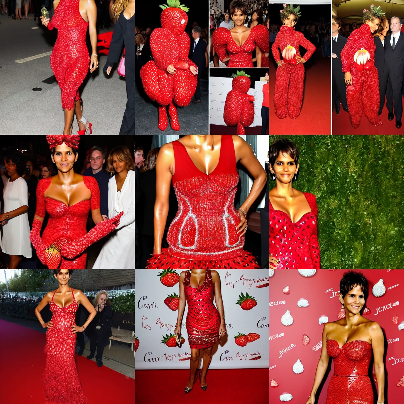 Prompt: halle berry wearing a strawberry costume, red carpet, charlotte olympia, dramatic lighting, london fashion week, friends of fruits, bedazzled fruit costumes