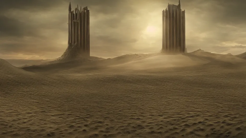 Image similar to patrick j. jones. rutkowski. the last tower. sand. lonely. imposing. 3 8 4 0 x 2 1 6 0