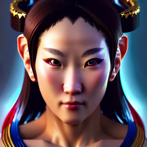 Image similar to portrait of chun li, au naturel, hyper detailed, digital art, trending in artstation, cinematic lighting, studio quality, smooth render, unreal engine 5 rendered, octane rendered, art style by klimt and nixeu and ian sprigger and wlop and krenz cushart.