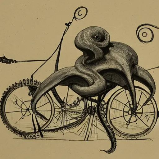 Image similar to an octopus riding a victorian bicycle