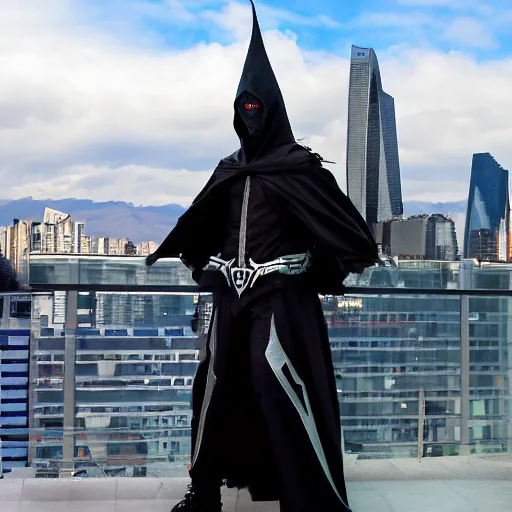 Image similar to dark wizard character from mu online webzen, staying at costanera center in santiago de chile, cyberpunk style