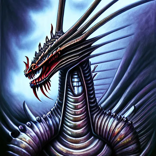 Image similar to Giger portrait of queen dragon, Dragon in dragon lair, HD, full body dragon concept, flying dragon, soft shading, soft colors, relaxed colors, hyperdetailed, wide angle lens, fantasy, futuristic horror, style of giger