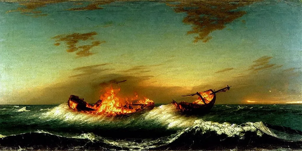 Prompt: “ ( ( ( ( ( boat on fire in rough ocean waves ) ) ) ) ) painted by john frederick kensett!!!!!!!!!! ”