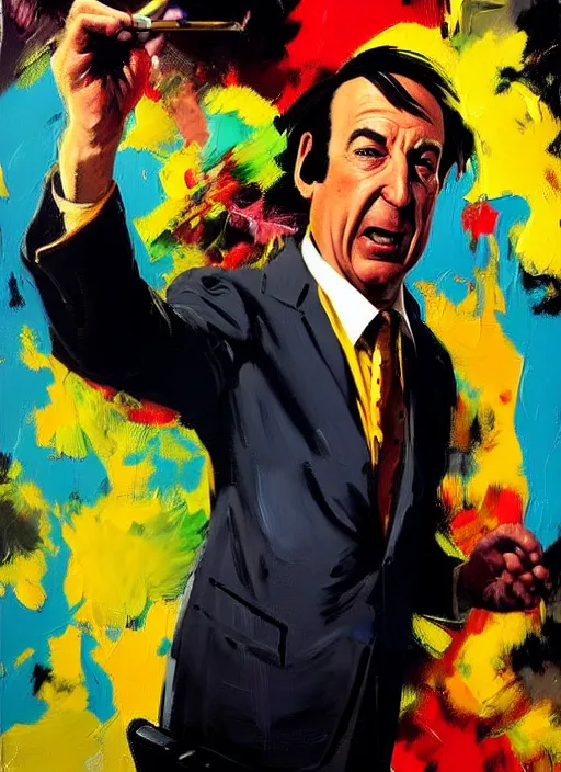 Prompt: saul goodman in colorful suit, screaming, painting by phil hale, fransico goya, david lynch,'action lines '!!!, graphic style, visible brushstrokes, motion blur, blurry