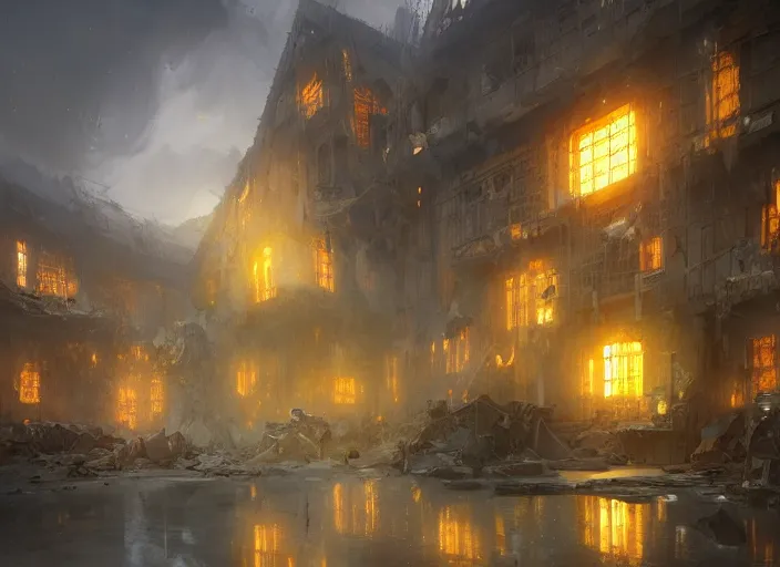 Image similar to one bright the rich golden house among destroyed world around volumetric lighting, digital painting, highly detailed, artstation, sharp focus, illustration, concept art, ruan jia, steve mccurry, amazing composition