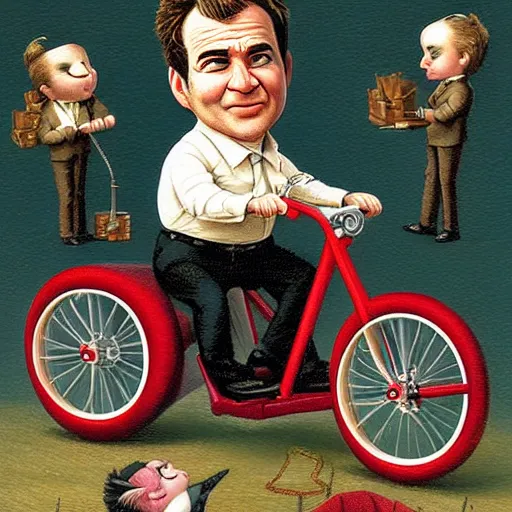 Prompt: Miles O'Brien on a tricycle, lowbrow painting by Mark Ryden