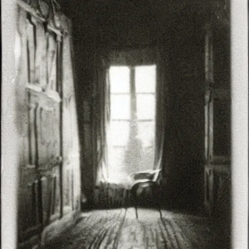 Prompt: an apparition in an old house, early 1900s photography, blurry, blurry, blurry, faded