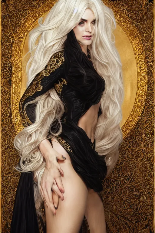 Image similar to fullbody!! of a beautiful woman with white hair, big natural horns on her head, long flowing intricate black lace dress, gold jewellery, dnd, face, fantasy, intricate, elegant, highly detailed, digital painting, artstation, concept art, smooth, sharp focus, illustration, art by artgerm and greg rutkowski and alphonse mucha