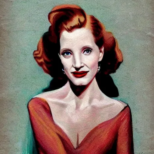 Image similar to “Jessica Chastain portrait, color vintage magazine illustration 1950”