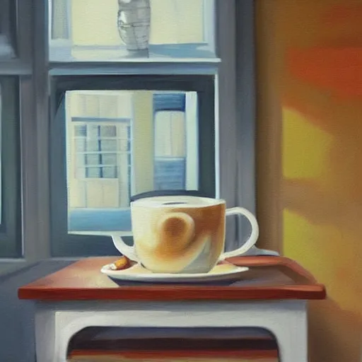 Prompt: “ photorealistic painting of a breakfast table with a steaming cup of coffee and a newspaper. the window behind it shows a colorful neighborhood with sun shining in the window ”