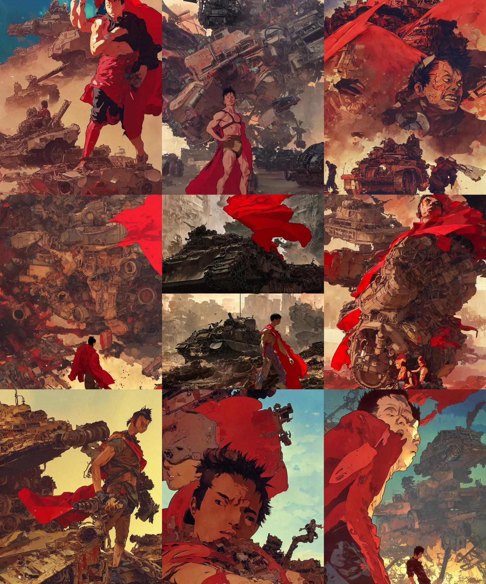 Prompt: a scene of destroyed tanks and a close up of tetsuo with red cape from akira, vibrant colors and hard shadows and strong rim light, comic cover art, plain background, trending on artstation, in the style of katsuhiro otomo greg rutkowski alphonse mucha