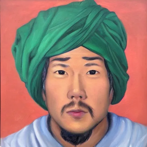 Image similar to An oil painting of a handsome Asian man in a green turban looking wickedly at the viewer with the hilt of a Japanese samurai sword in his teeth.