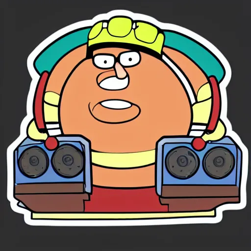 Image similar to svg sticker of a Family-Guy Peter-Griffin at a rave, spinning records, giant headphones rocking out, wearing headphones, huge speakers, dancing, rave, DJ, spinning records, digital art, amazing composition, rule-of-thirds, award-winning, trending on artstation, featured on deviantart