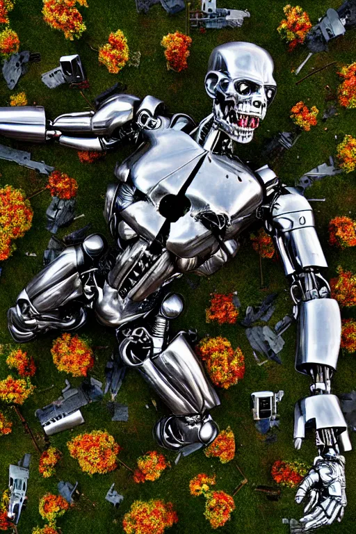 Prompt: destroyed combat terminator lying in a field of flowers, twisted metal, chrome, reflections, earth, terrible, anthropomorphic, photorealism, weapons, smoke, metal, armor, 8 k, surreal, wires, wild flowers, greenery, chips, top view, extremely detailed, ultra - realism, cinematic light, epic, art by jeff koons