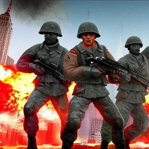 Image similar to The war between the Soviet Union and America, the action takes place in New York, far away against the background of the Statue of Liberty, a lot of soldiers and military equipment, a lot of explosions and tracer bullets, a lot of ruins, a very epic battle, The style of photography of the 80s, very detailed and detailed style