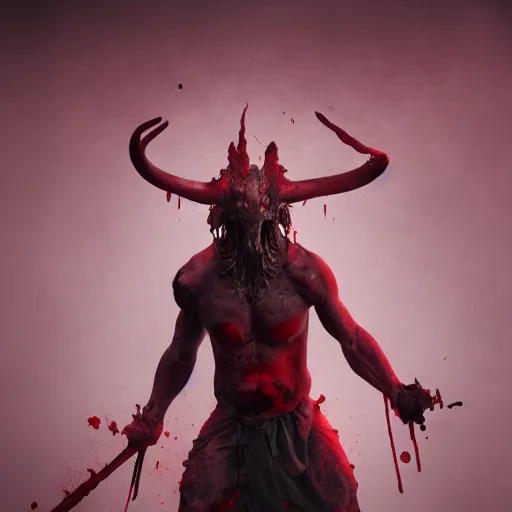 Image similar to god of death, dramatic pose, blood splatters, horns, red, 8 k, hyperrealistic, octane render, dramatic