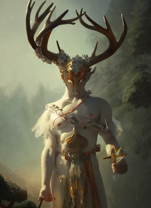 Image similar to Gigantic Deity with antlers and a white face, translucent amulets, extremly detailed oil painting, subsurface scattering, in the style of Fenghua Zhong and Ruan Jia and Jeremy Lipking, rim light, beautiful lighting, mystic, 8k, stunning scene, raytracing, octane, trending on artstation