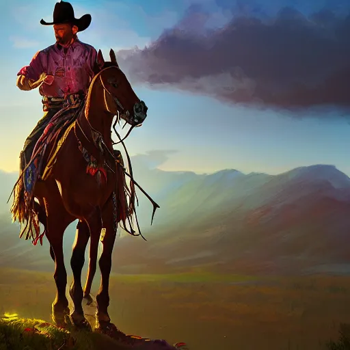 Image similar to cowboy on a hill, colorful, dramatic lighting, detailed, intricate, elegant, highly detailed, digital painting, artstation, concept art, smooth, sharp focus, illustration